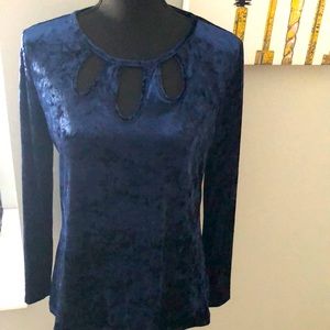 Navy velvet cocktail top with keyhole cut out design on front long sleeves